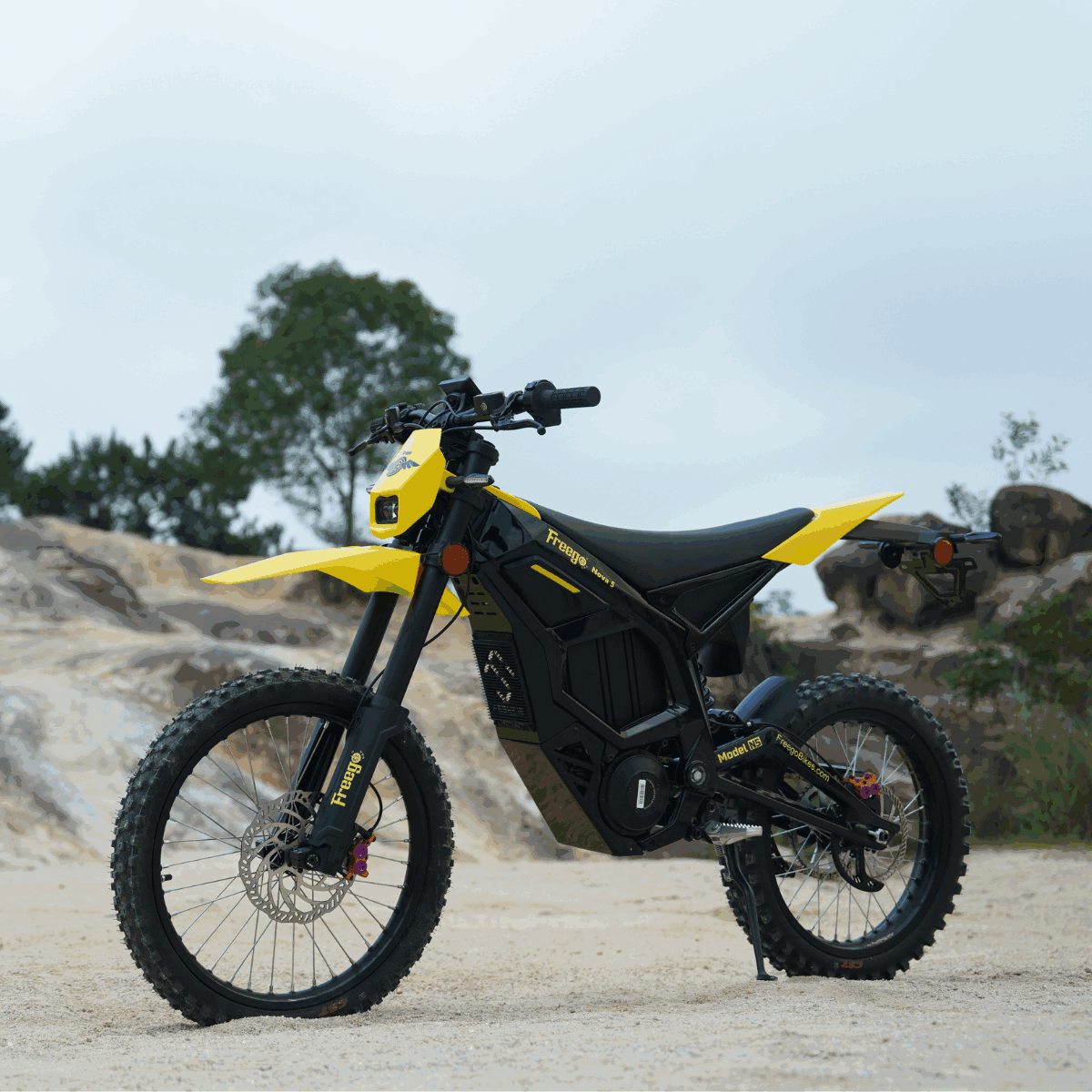 Freego Nova 5 electric dirt bike standing on sandy terrain