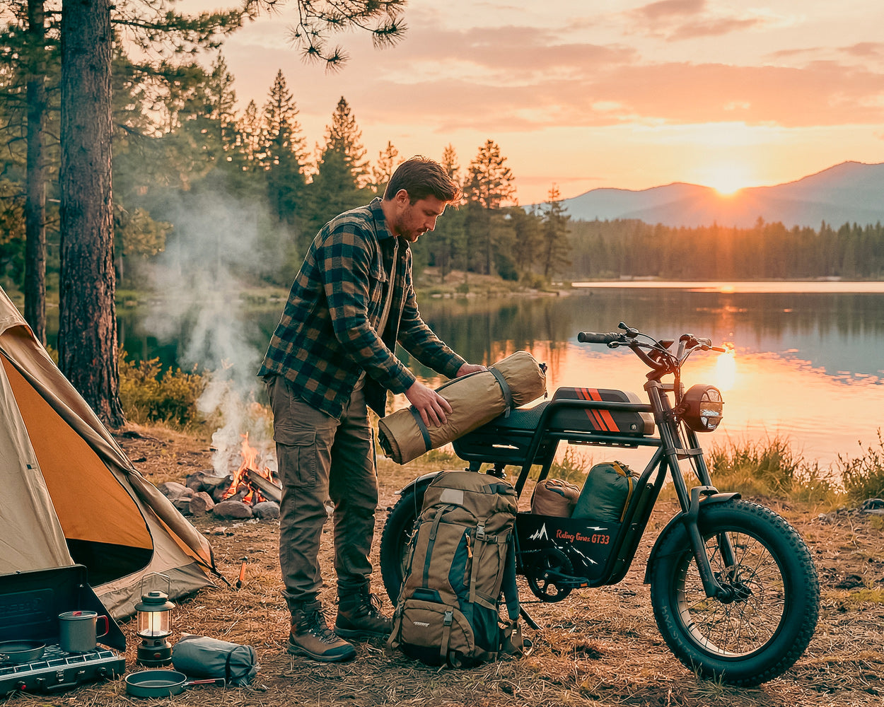 Person gear onto ridingtimes GT33 at a scenic lakeside campsite during a golden sunset with a tent and campfire nearby