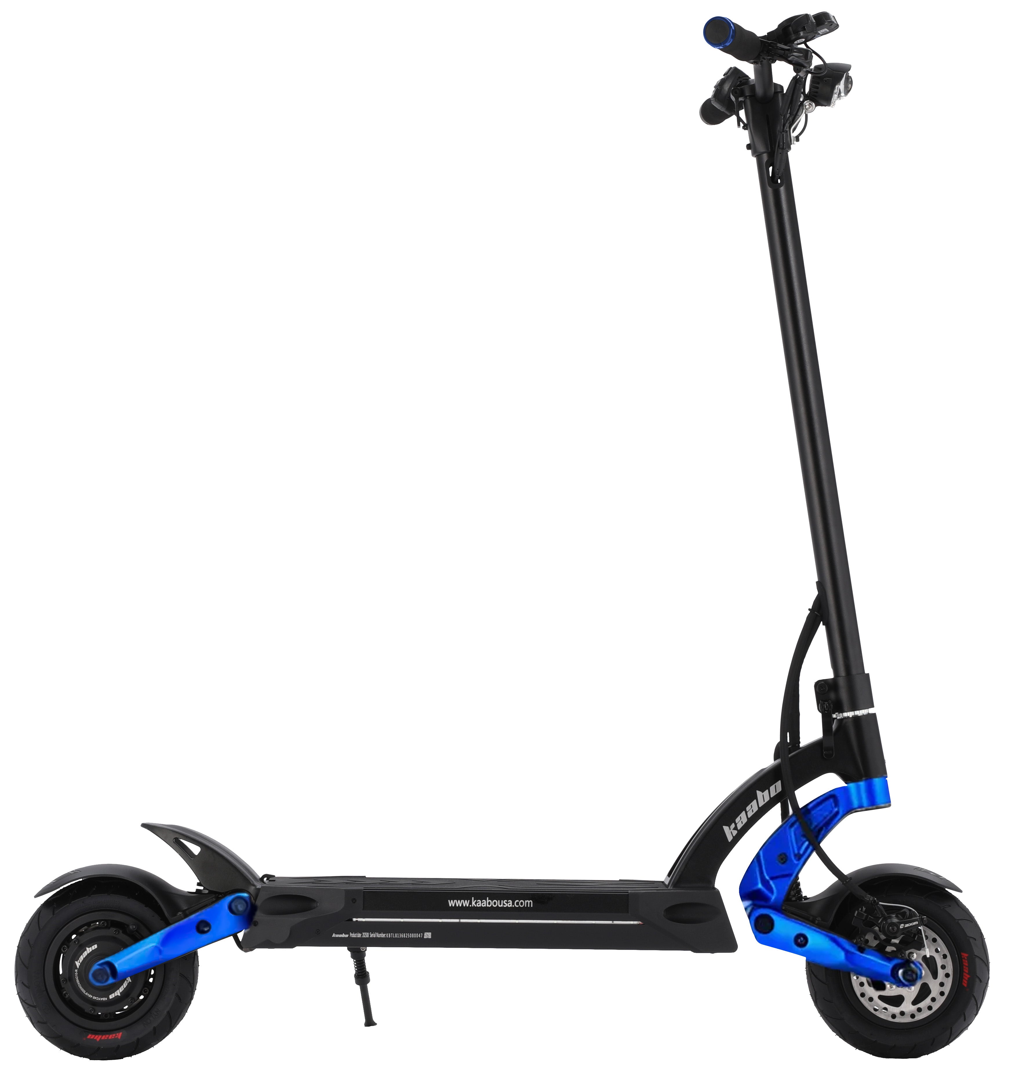 Side view of the Kaabo Mantis 8 Lite dual motor electric scooter in black and blue, showing its compact commuter design and sturdy frame.
