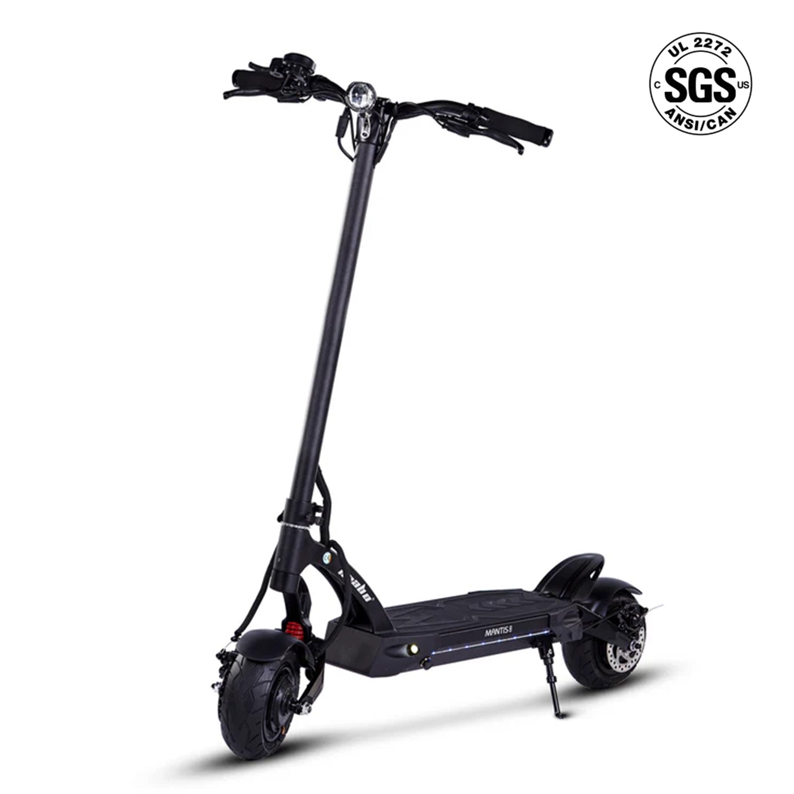 Kaabo Mantis 8 Lite black electric scooter with UL 2272 safety certification, showing powerful dual motors and modern design.